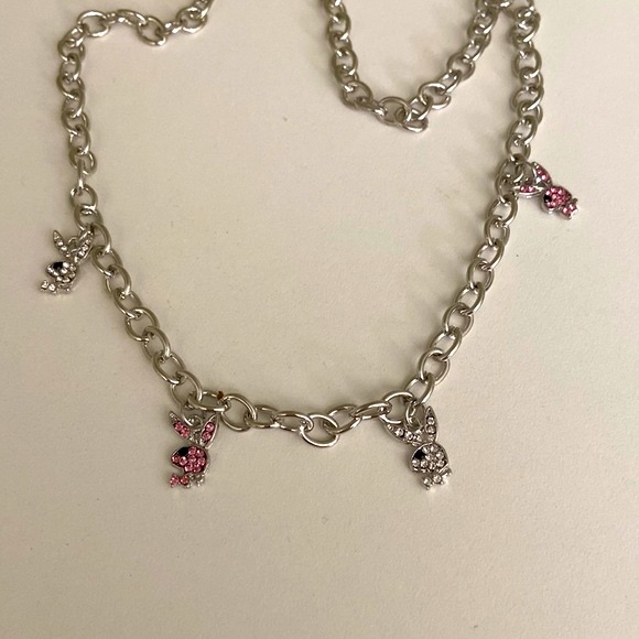 New Playboy Silver Necklace With Pink And Clear Rhinestone Bunnies 15$